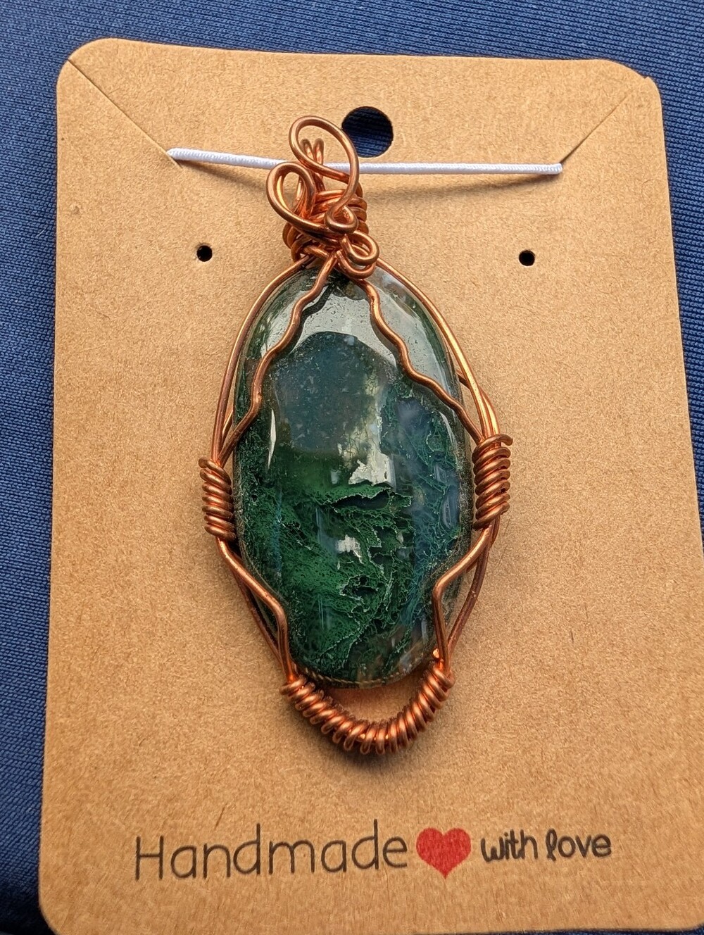 Copper Wire-Wrapped Moss Agate Stone Pendant